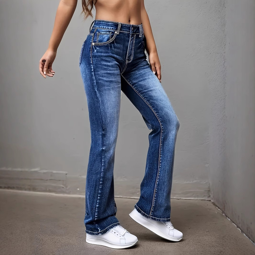 Women high waisted flared slim fit elastic jeans女弹力牛仔裤