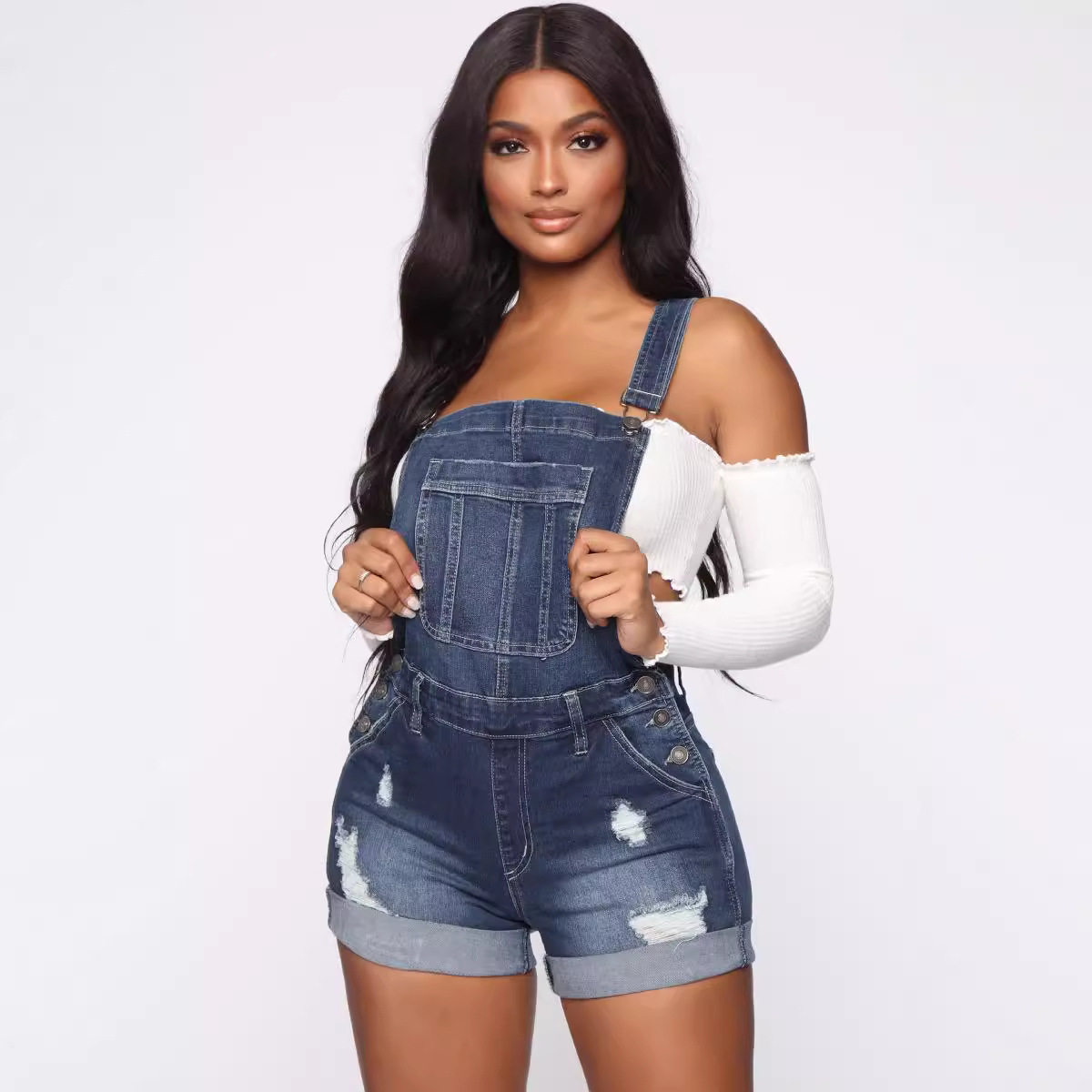 Women perforated shoulder strap denim shorts jumpsuit背带裤