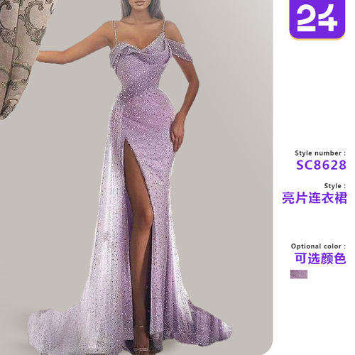 Women suspender slit shiny long dress女长连衣裙吊带开叉亮片