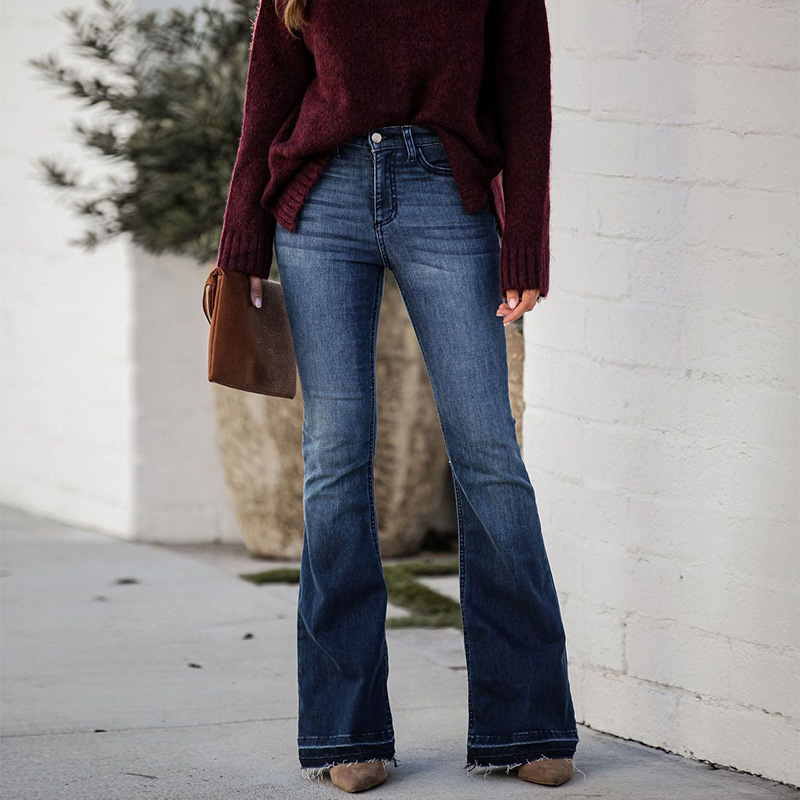 Women slim fit elastic high waisted flared jeans女弹力牛仔裤
