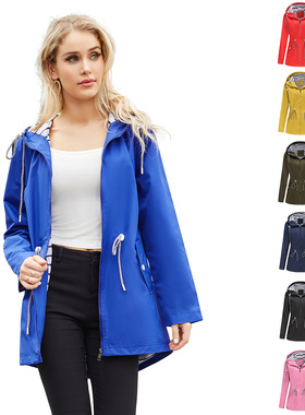 Women's mid to long windbreaker hooded raincoat女中长款风衣