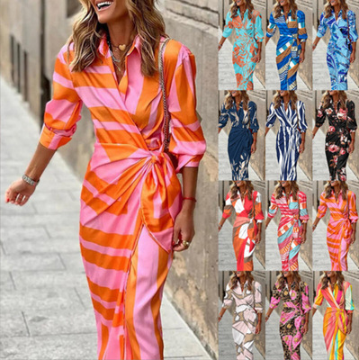Women's lace up dress女装气质印花新款v领性感时尚系带连衣裙
