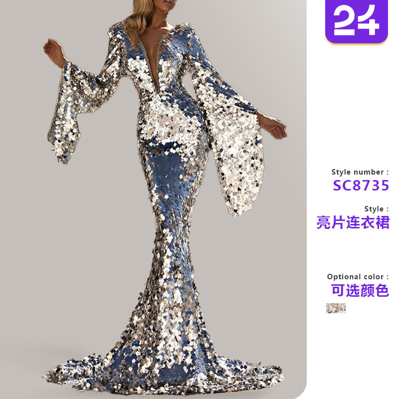 Women's sexy sequin wrapped hip long dress女连衣裙亮片银色