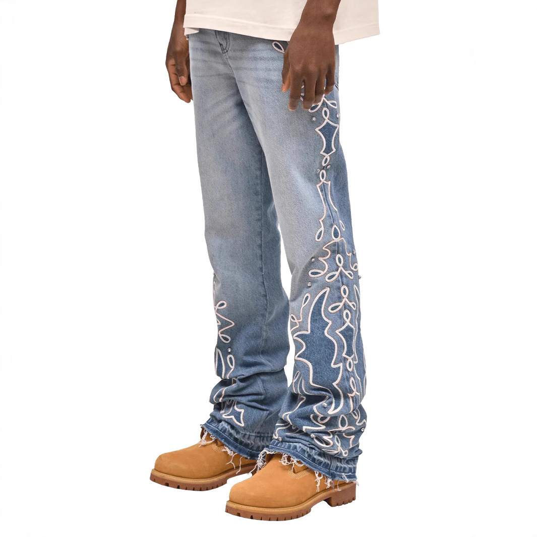 Men's wide leg embroidered denim pants阔腿男牛仔长裤绣花直筒