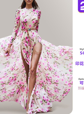 5XL women slit printed large swing dress女大摆开叉长裙沙滩裙