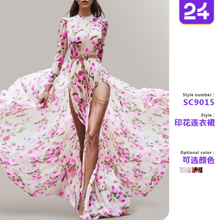 women swing slit large dress女大摆开叉长裙沙滩裙 printed 5XL