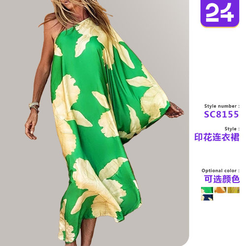 Women single shoulder slit printed long skirt连衣裙开叉长裙