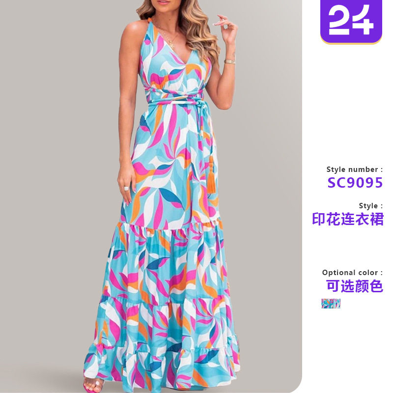 Women's printed waist cinching suspender long skirt女连衣裙