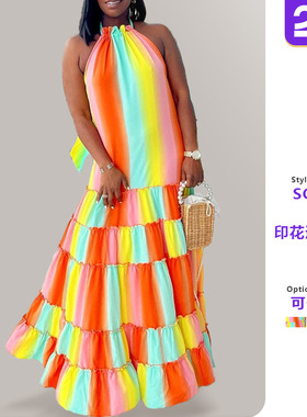 Women neck hanging printed loose long dress女吊带挂脖型长裙