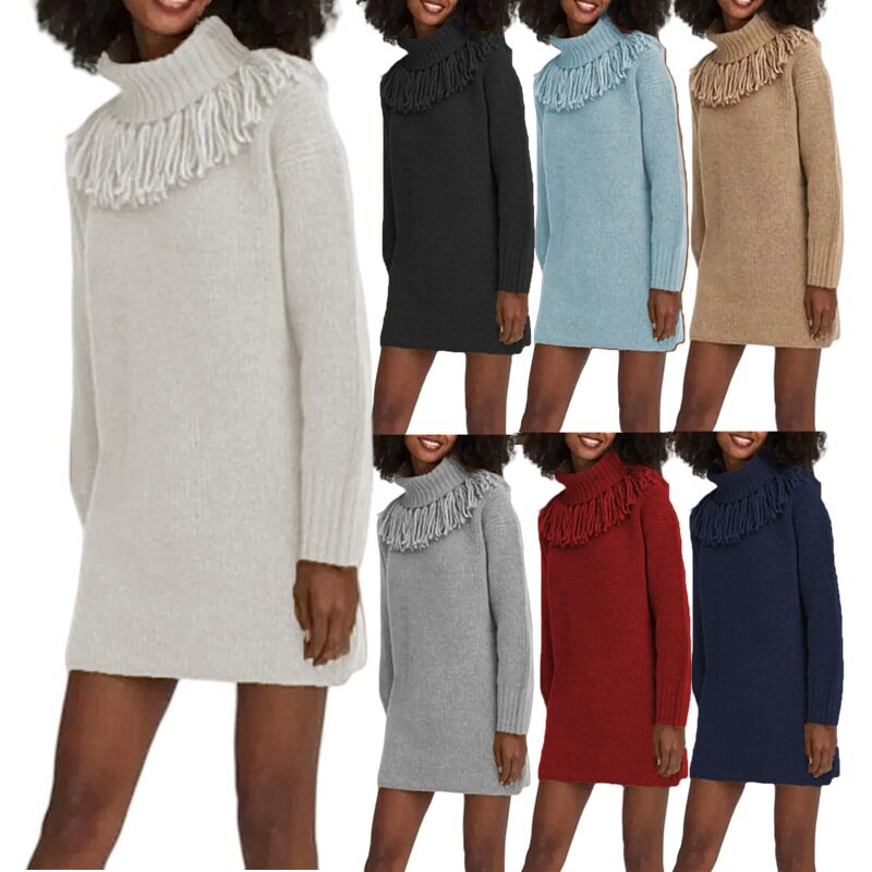 Women's high neck tassel dress sweater女高领流苏连衣裙毛衣