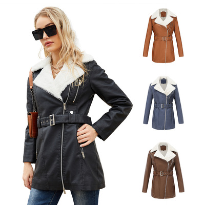 Women's clothing with plush leather jacket加绒皮衣女翻领拉链