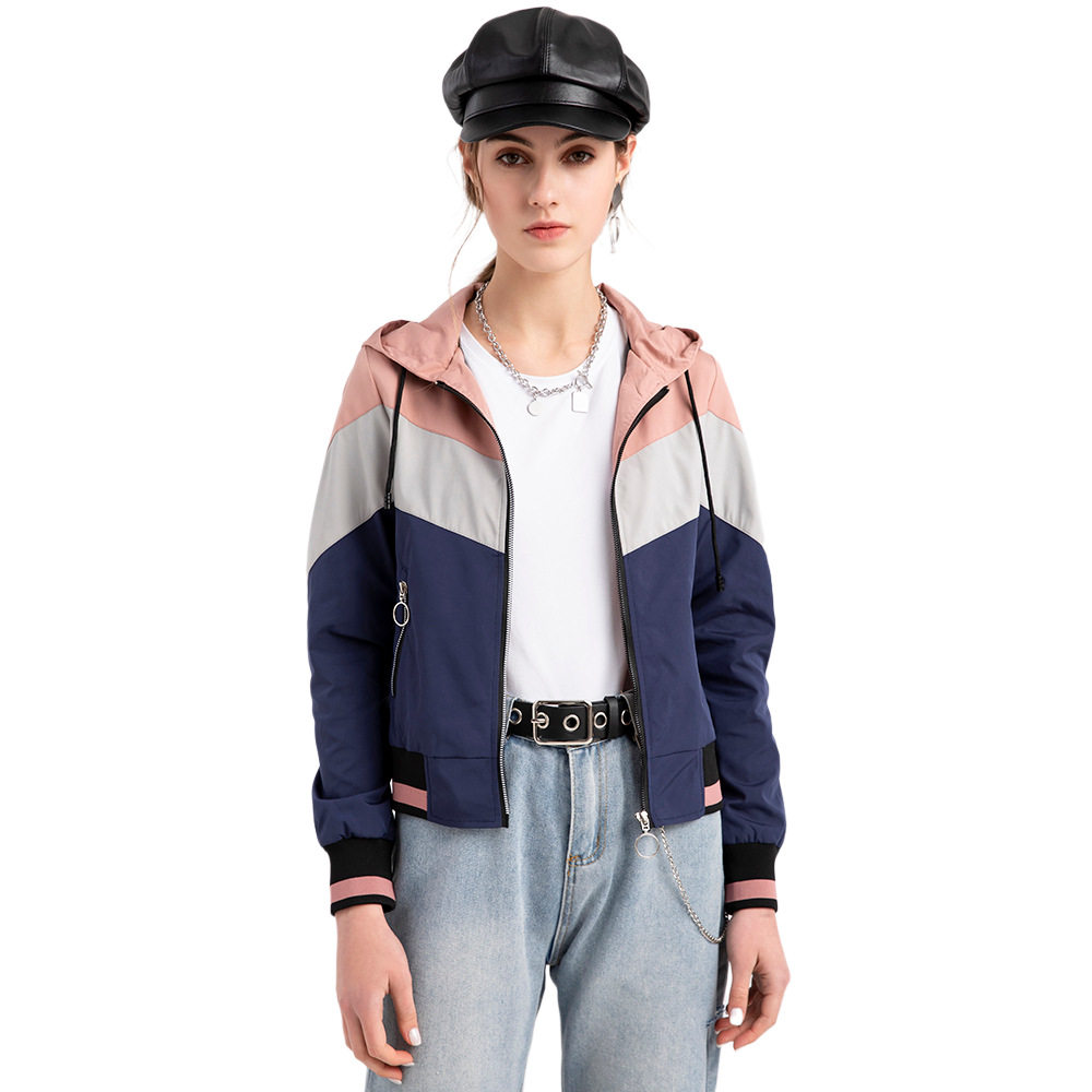 Women's thin hooded jacket女薄款风衣连帽夹克户外雨衣拼色外套