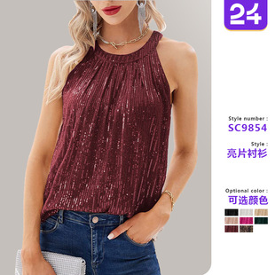 sequined chiffon sleeveless shirt女亮片圆领无袖 Women 衬衫
