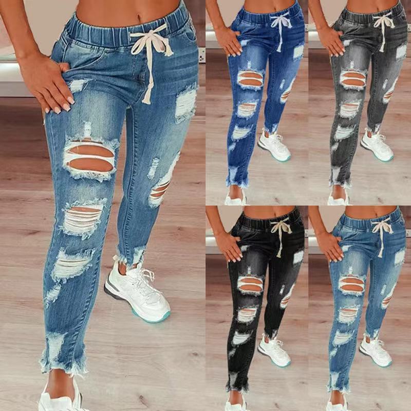 Women's high waisted ripped drawstring jeans高腰破洞牛仔裤女