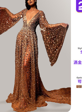 Women's long sleeved deep V-gold sprinkled dress女洒金礼服