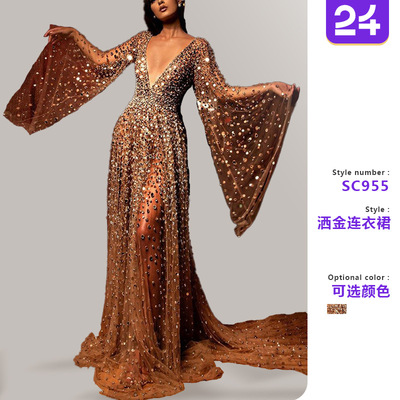 Women's long sleeved deep V-gold sprinkled dress女洒金礼服