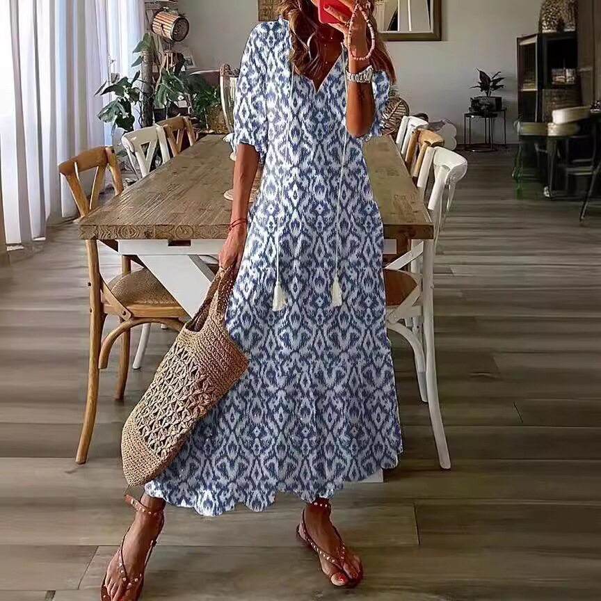 Mid sleeve long dress for women宽松V领印花中袖长款连衣裙女
