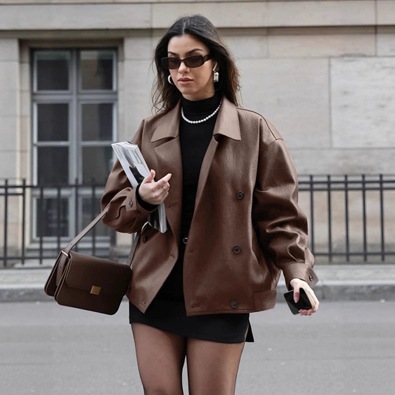 Women loose suit collar leather jacket棕色皮衣女西装领皮夹克