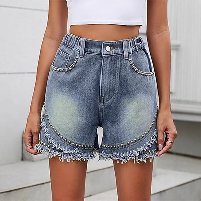 Women's double-layer burr studded denim shorts with rivets