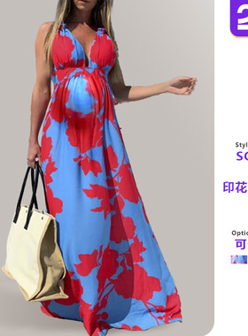 Women's suspender maternity dress欧美女印花V领吊带无袖孕妇裙