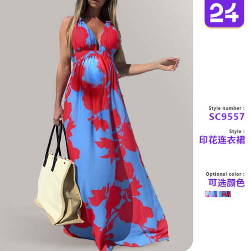 Women's suspender maternity dress欧美女印花V领吊带无袖孕妇裙