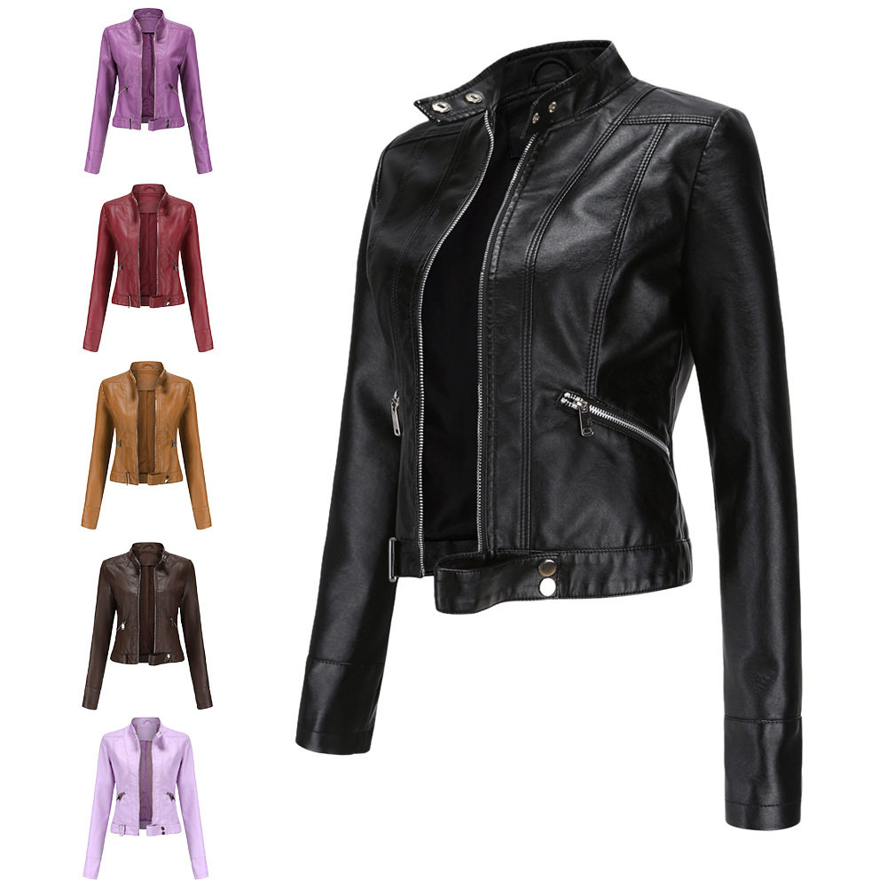 Women short slim fit leather jacket皮衣女短小外套立领皮夹克