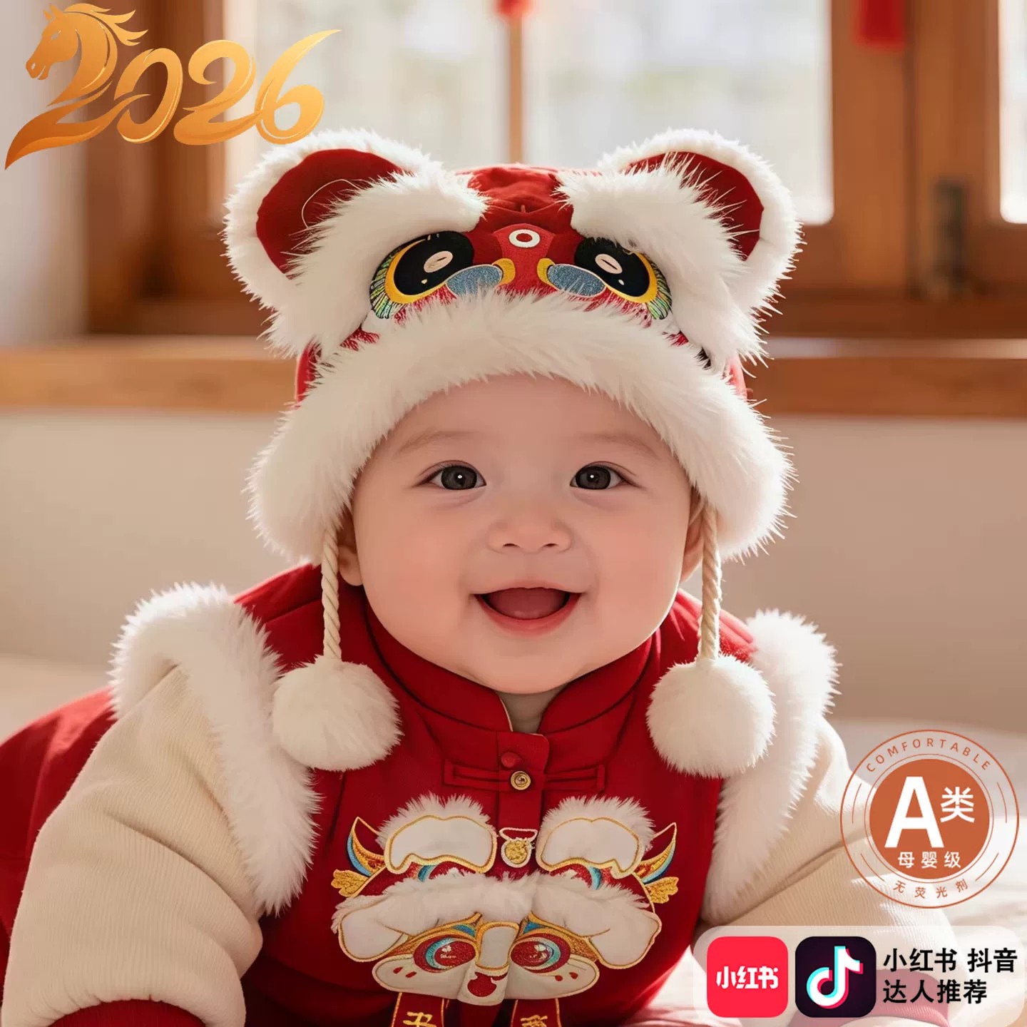 婴儿红色帽子喜庆周年新生儿小月龄冬季男女宝宝保暖厚新年虎头帽