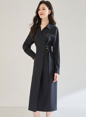 26春季优雅气质通勤收腰显瘦衬衫翻领不对称斜襟长袖连衣裙25565