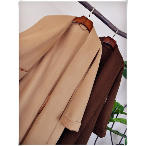 全手工手缝羊毛羊绒宽松腰带大衣