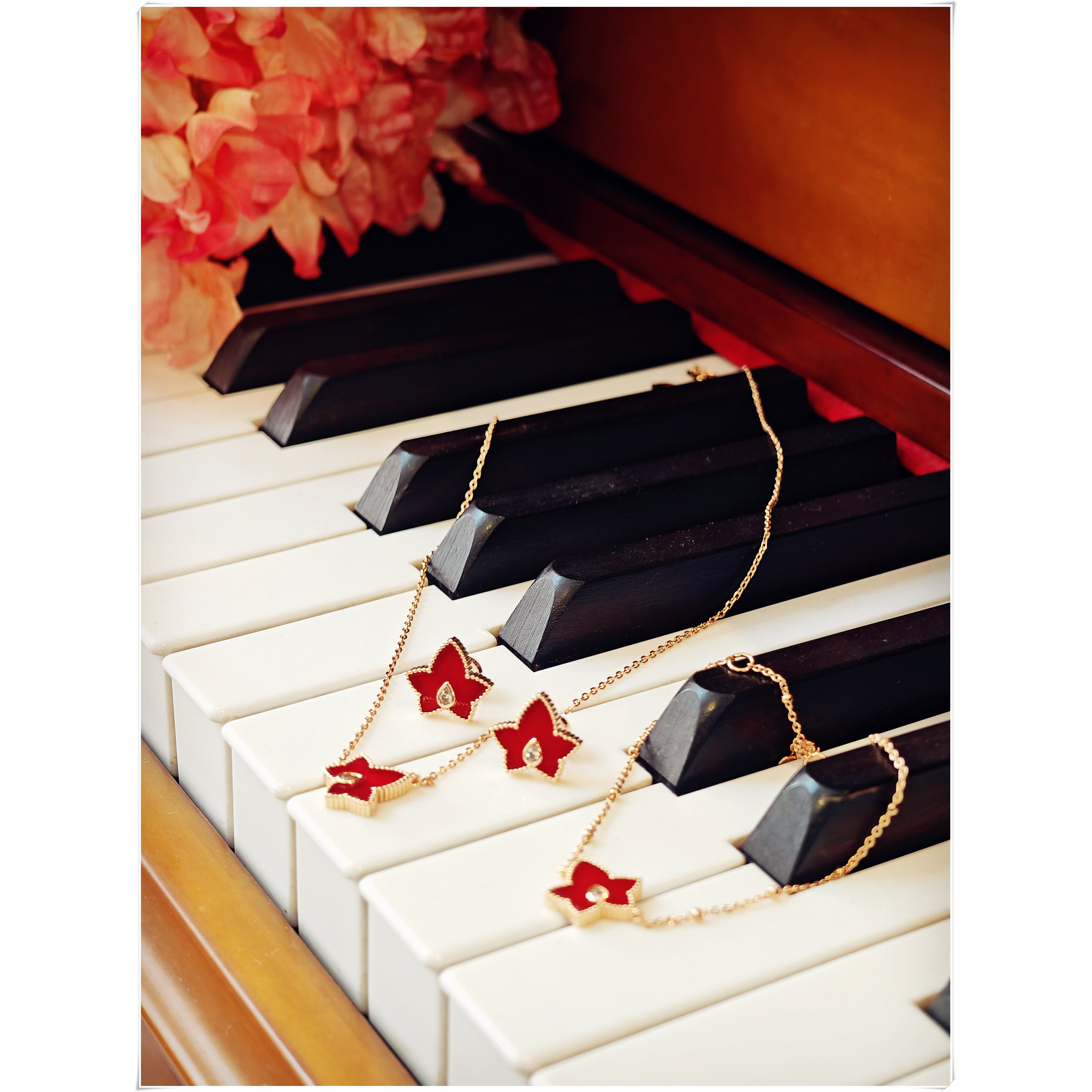 【墨渲臻品】永远的朱砂痣 红玉髓宝石锆石镶嵌常春藤K金项链手链