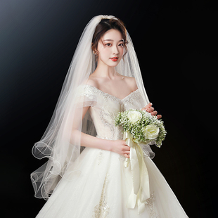 香槟超仙森系结婚礼轻婚纱女旅拍长新娘头纱头饰简约 2021新款 韩式