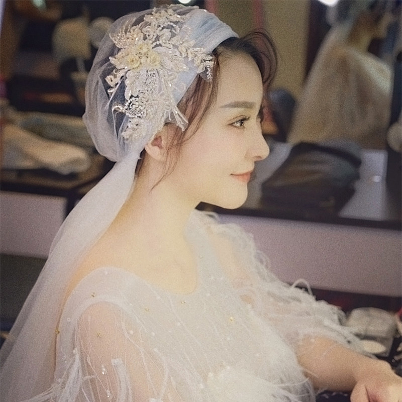 新娘结婚复古造型香槟色蕾丝帽式白色软纱头纱婚纱照旅拍写真头饰