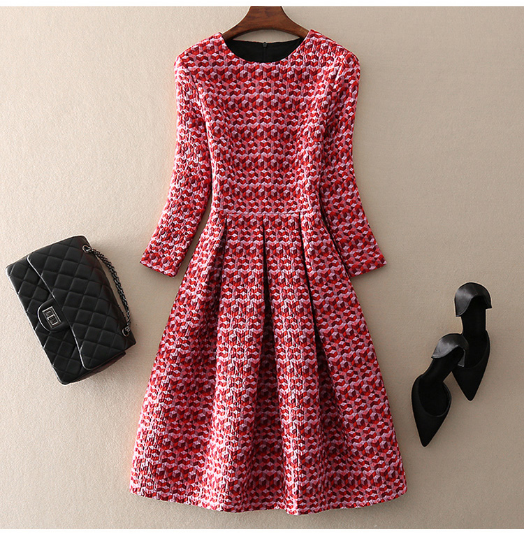 2023秋季新款高端气质女装修身显瘦A字裙中长款绿色提花连衣裙子