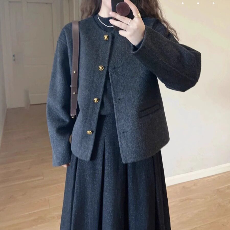 法式小香风黑色双面羊绒毛呢外套女秋冬季羊毛双面呢短款呢子大衣
