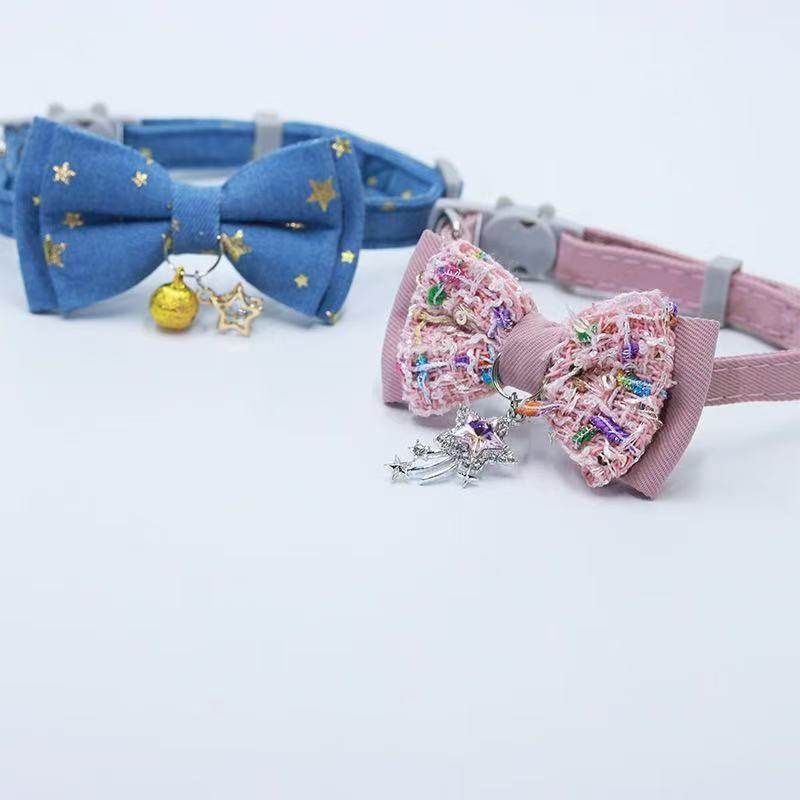小香风蝴蝶结宠物项圈烫金五角星领结铃铛可拆卸猫咪颈圈