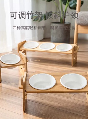 木质宠物猫碗架竹制可调节猫碗架宠物猫狗木质喂食器支架带陶瓷碗