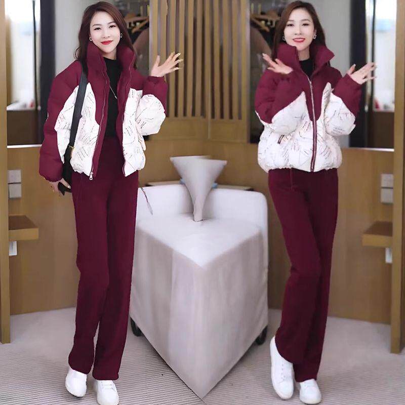 羽绒棉服套装女新年战袍冬季新款短款棉衣外套加绒休闲裤两件套
