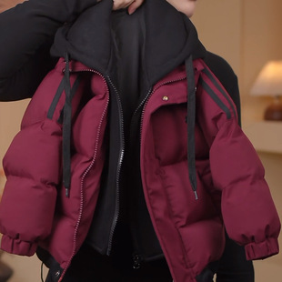 2024新款冬装羽绒棉服男童中大童儿童短款面包服假两件潮红色年服