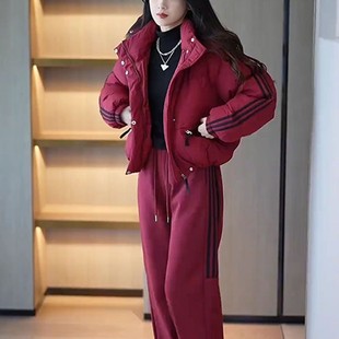 洋气减龄外套休闲裤 新款 两件套 女冬季 流行设计感保暖连帽棉服套装