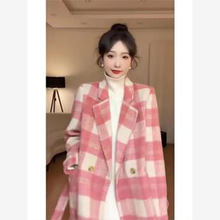 气质宽松加厚羊毛呢子外套 时尚 韩系格子大衣女中长款 2023秋冬新款