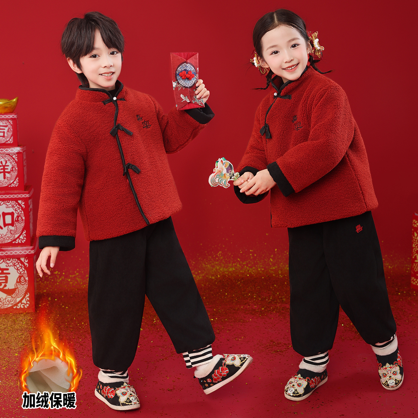 男童汉服套装冬季宝宝加绒拜年服女童新年拜年服儿童新中式表演服
