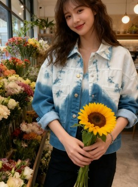 复古扎染牛仔外套女蓝白渐变2025春秋宽松港风百搭牛仔衣上衣潮女