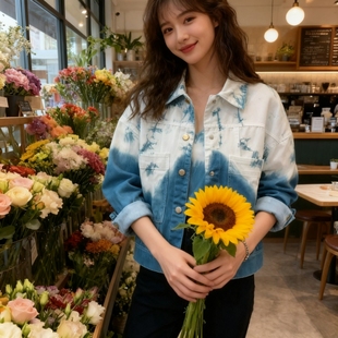复古扎染牛仔外套女蓝白渐变2025春秋宽松港风百搭牛仔衣上衣潮女