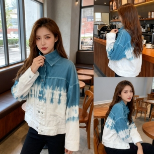 2025春秋扎染牛仔外套女 蓝白渐变翻领宽松bf风复古牛仔衣ins爆款
