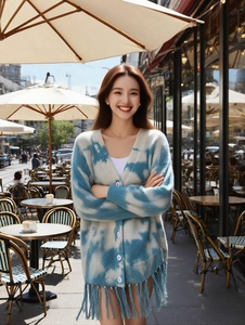 云南植物染针织开衫女中长款秋冬女装百搭针织衫扎染毛衣流苏外套
