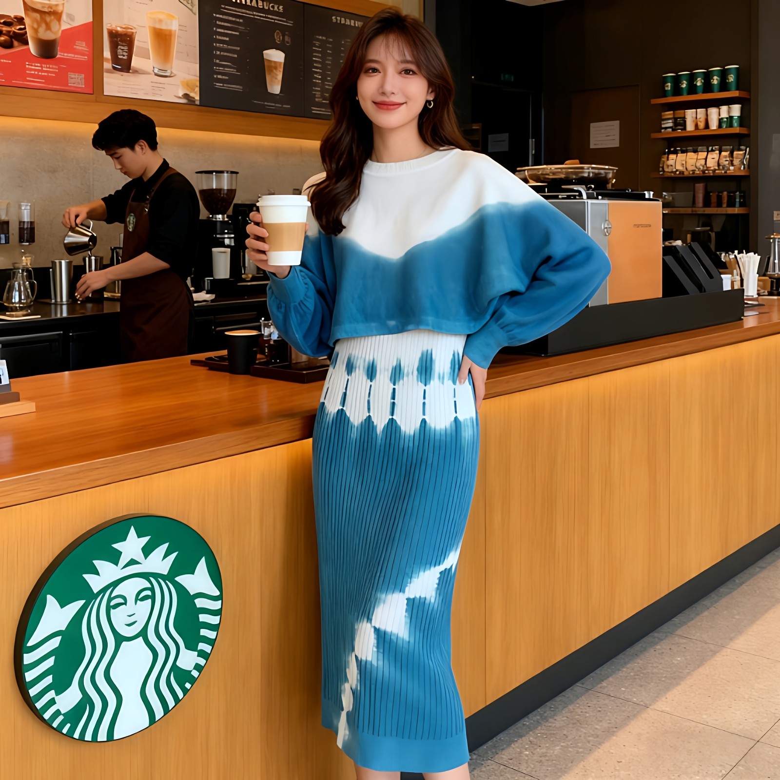 扎染针织吊带裙套装女春秋新款蝙蝠袖上衣搭配连衣裙两件套毛衣裙