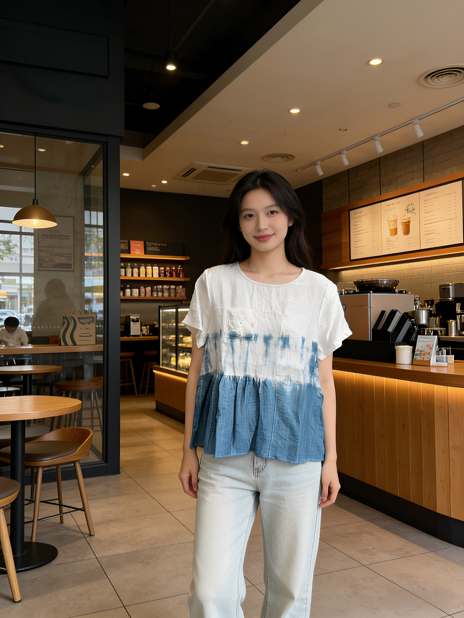 2026夏季新款扎染棉麻上衣女圆领百搭衬衫宽松T恤遮肉短袖衬衣女