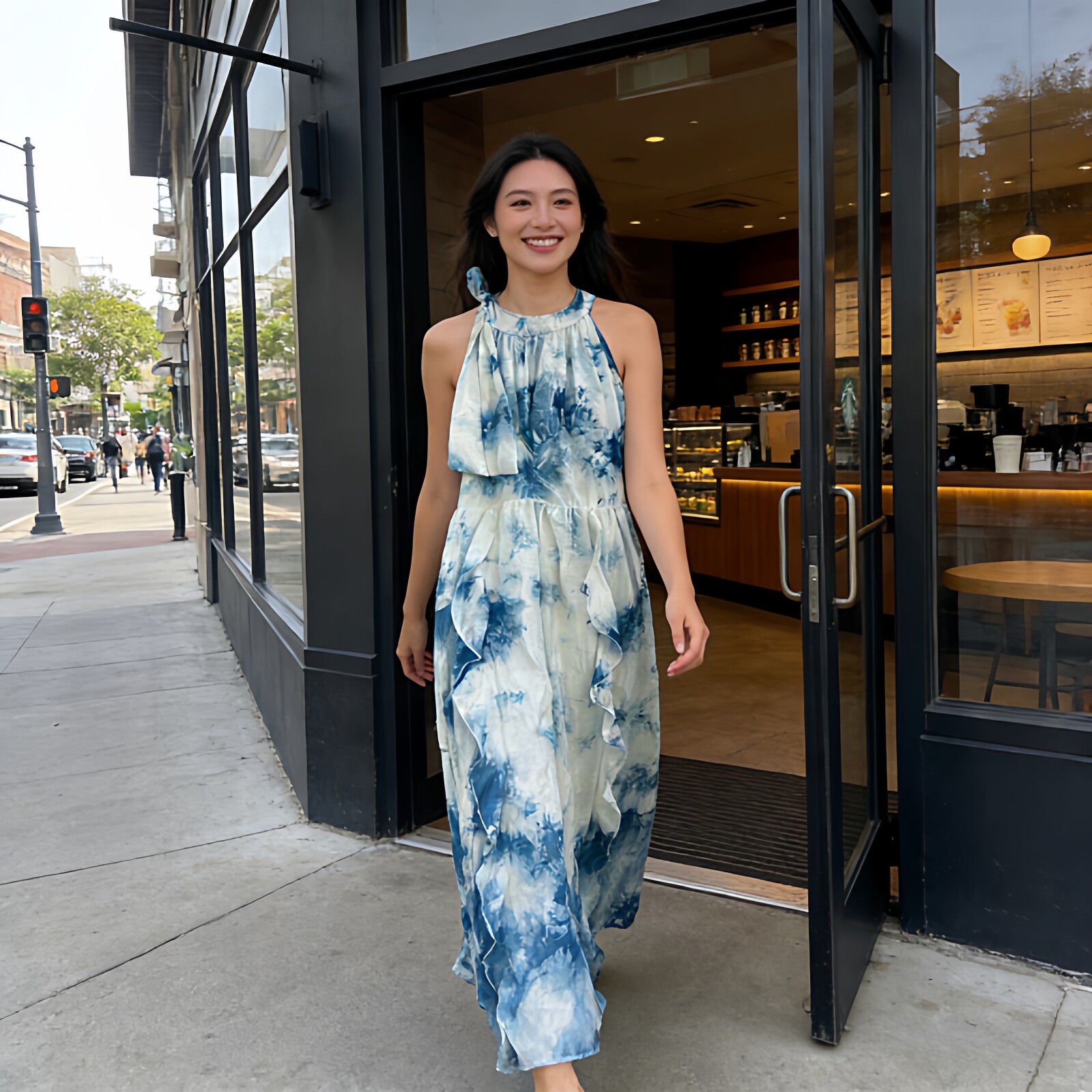 扎染挂脖式连衣裙长款2026夏季显瘦沙滩裙无袖背心裙气质修身长裙