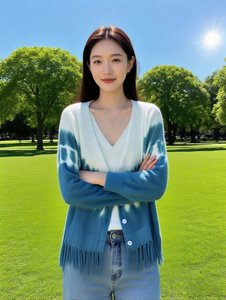 扎染女士针织开衫中长款秋冬针织衫长袖百搭渐变色毛衣流苏外套女