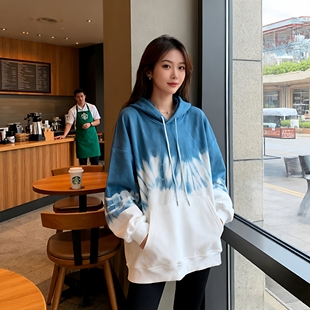扎染潮牌连帽卫衣女款2025秋冬新款韩版学生宽松上衣加绒带帽外套